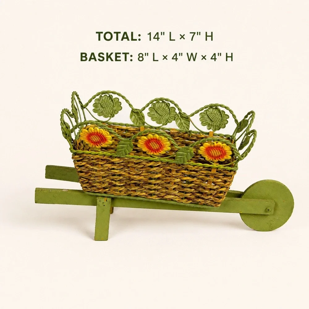 Vintage Style Wicker Wheelbarrow Planter Sunflower Metal Garden Decor Green